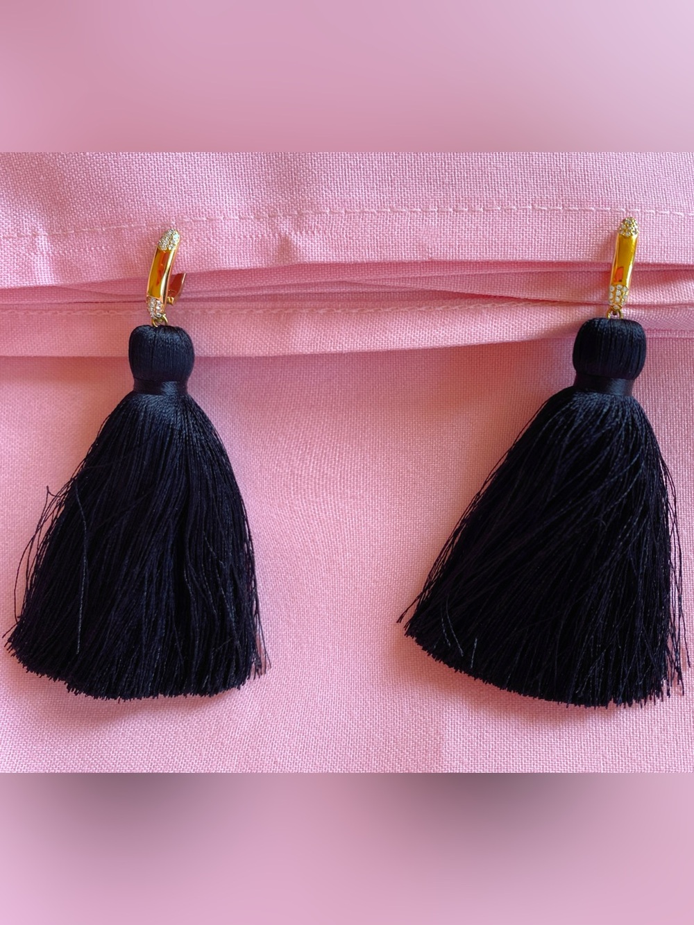 Crystal Black Tassel Drop Cubic Zirconia Gold Huggie Pom Earrings Jewelry Fringe